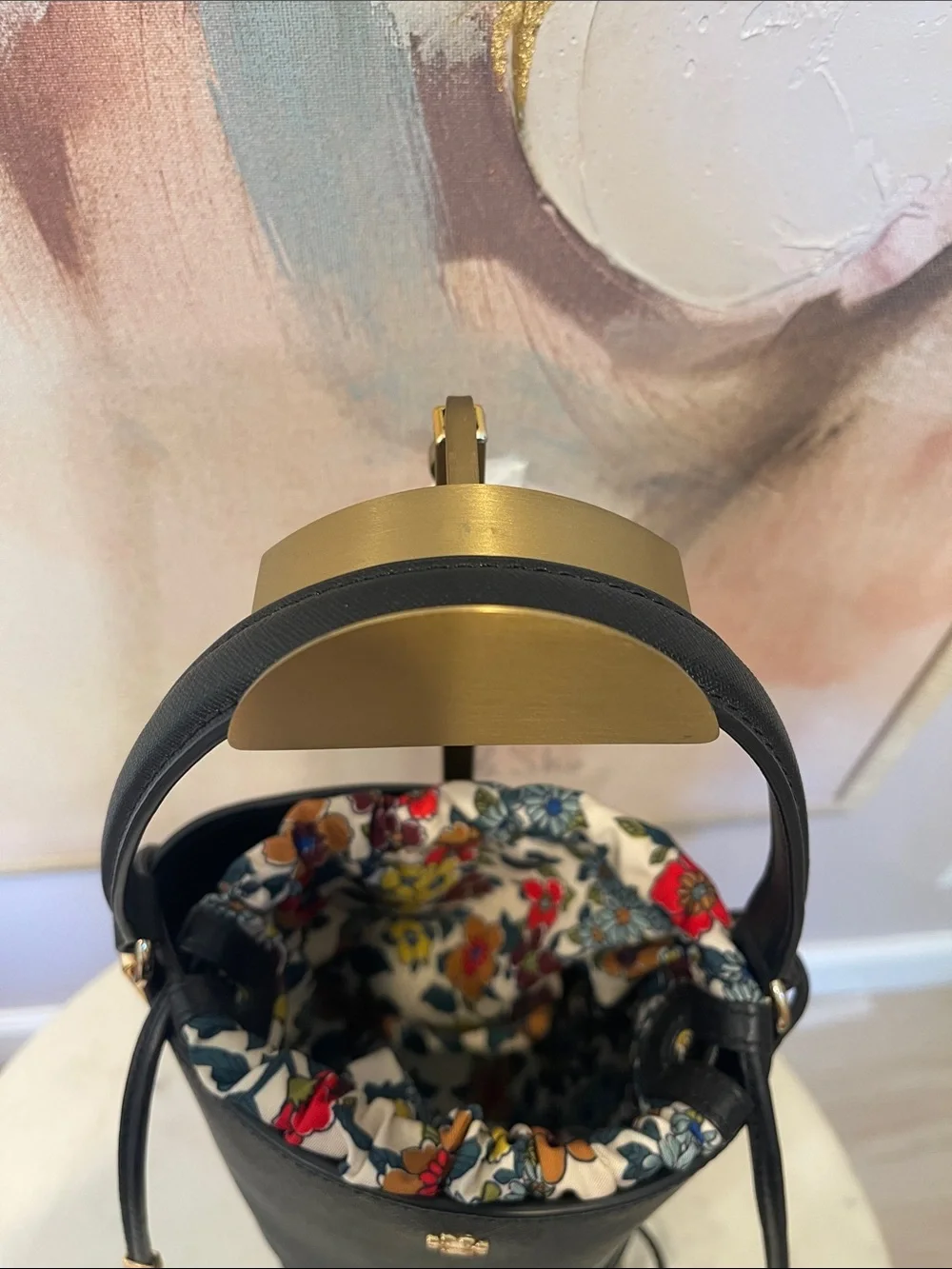 Tory Burch Black Leather Bucket Bag with Floral Lining & Drawstring